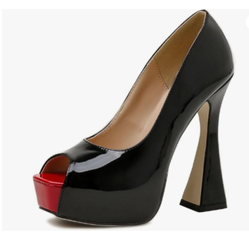 Maiyang Black Elegant Peep Toe Platform Pumps Slip on Spool Ultra High Heel Shoe